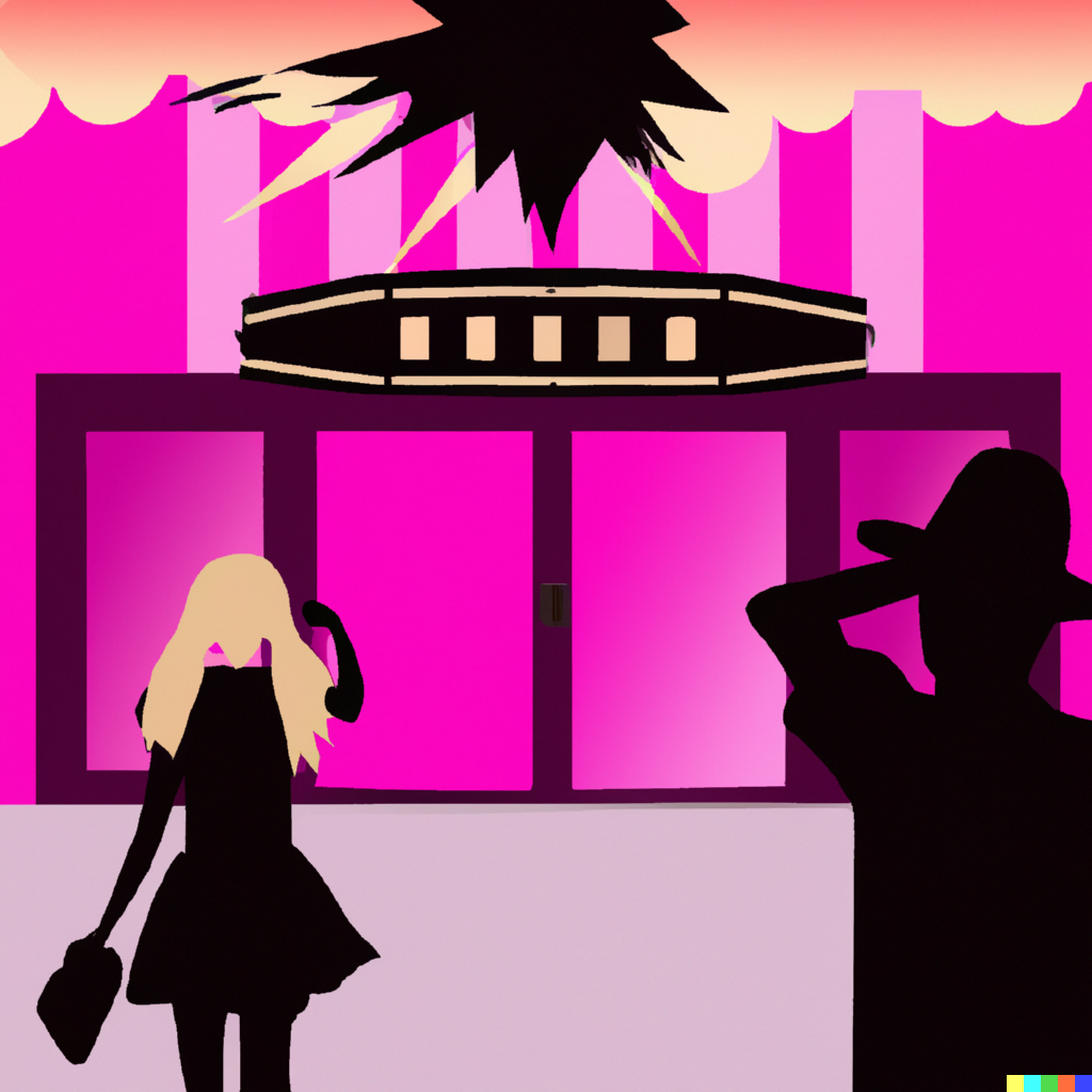 DALL·E 2023-07-31 10.17.02 - silhouette of a blonde girl walking away  towards a movie theater with barbie on the marquee  in the background is an explosion an a sad man wearing a