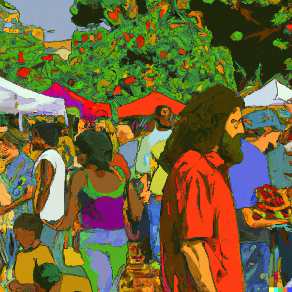 DALL·E 2023-07-27 17.55.50 - grand lake farmers market oakland on a summer day crowded in the style of paul gauguin 